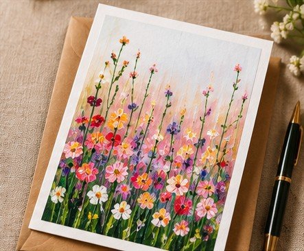 Greeting card with a painting of tall wildflowers in pink, orange and white lying on a brown envelope beside a pen