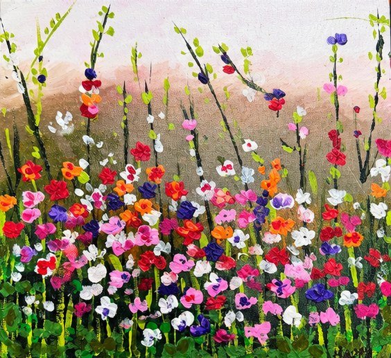 Painting of a meadow of red, pink, orange, purple and white wildflowers with green stems under a soft pink sky