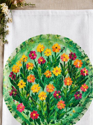 White tea towel printed with a round painting of red, pink and orange flowers on a green ground