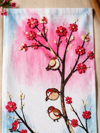 Tea towel printed with a painting of small birds on a branch of red blossoms against a pink and blue sky